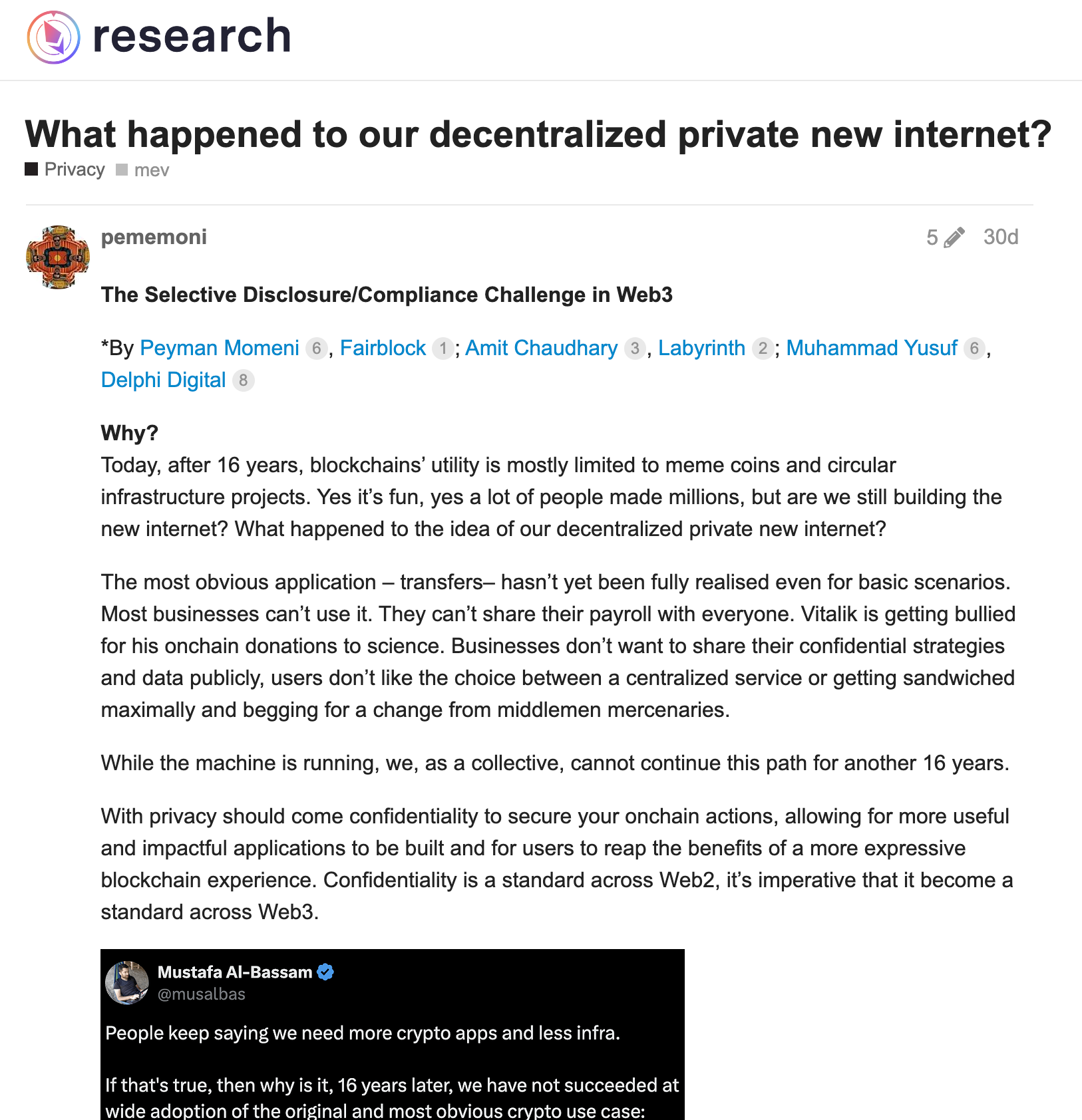 Eth research post on "What happened to our decentralized private new internet?" https://x.com/Labyrinth_HQ/status/1846560906916081777